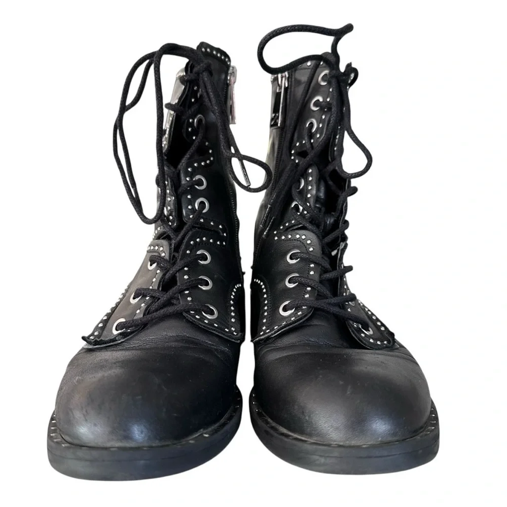 Zara Black Leather Lace Up Biker Chelsea Studded Punk Goth Ankle Boots Size 37 - Picture 8 of 15